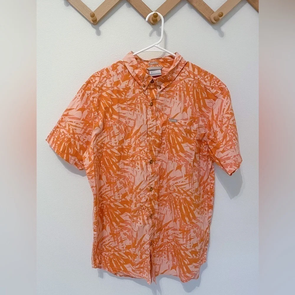 Men's Orange Tropical Vacation Short Sleeve Button Down Relaxed Shirt Size Large